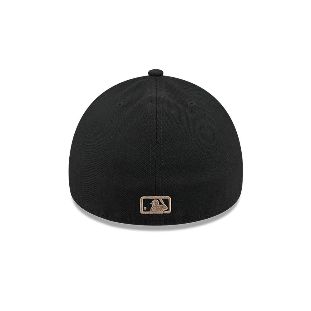 Yankees MLB Fabric Story Black New Era 59FORTY A-Frame Fitted Cap, rear view showing the gold embroidered MLB Batterman logo centred on the back panel, with a structured black crown and matching black top button.