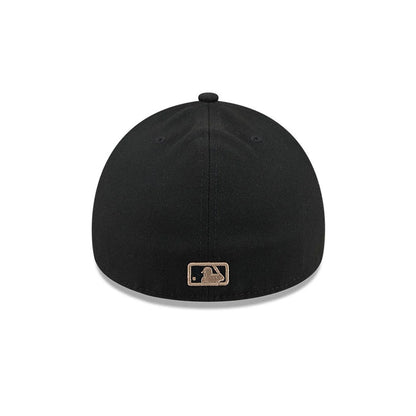 Yankees MLB Fabric Story Black New Era 59FORTY A-Frame Fitted Cap, rear view showing the gold embroidered MLB Batterman logo centred on the back panel, with a structured black crown and matching black top button.