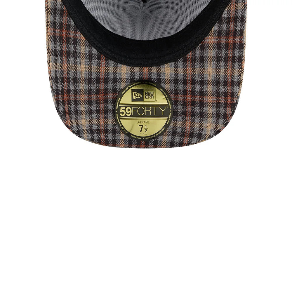 Yankees MLB Fabric Story Black New Era 59FORTY A-Frame Fitted Cap, inside view showcasing a patterned plaid underside, black sweatband detail, and prominently placed 59FORTY size sticker at the centre with New Era branding.