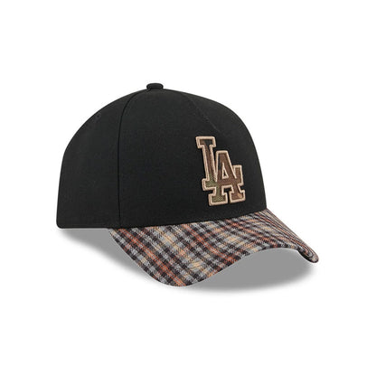 LA Dodgers MLB Fabric Story Black New Era 59FORTY A-Frame Fitted Cap, three-quarter view showing the raised LA logo in brown and green embroidery on the structured black front panels, with a multicoloured plaid pattern on the curved visor.