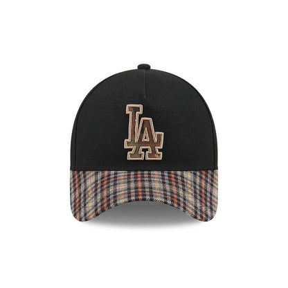 LA Dodgers MLB Fabric Story Black New Era 59FORTY A-Frame Fitted Cap, front view showing the raised embroidered tan LA logo centred on a black crown, with a distinctive plaid patterned visor in shades of brown and grey.