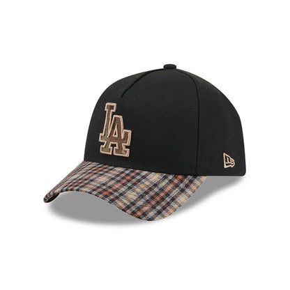 LA Dodgers MLB Fabric Story Black New Era 59FORTY A-Frame Fitted Cap, three-quarter view showing a raised LA logo embroidered in beige on the front panel, a plaid patterned curved visor, and the New Era flag logo embroidered on the left side.
