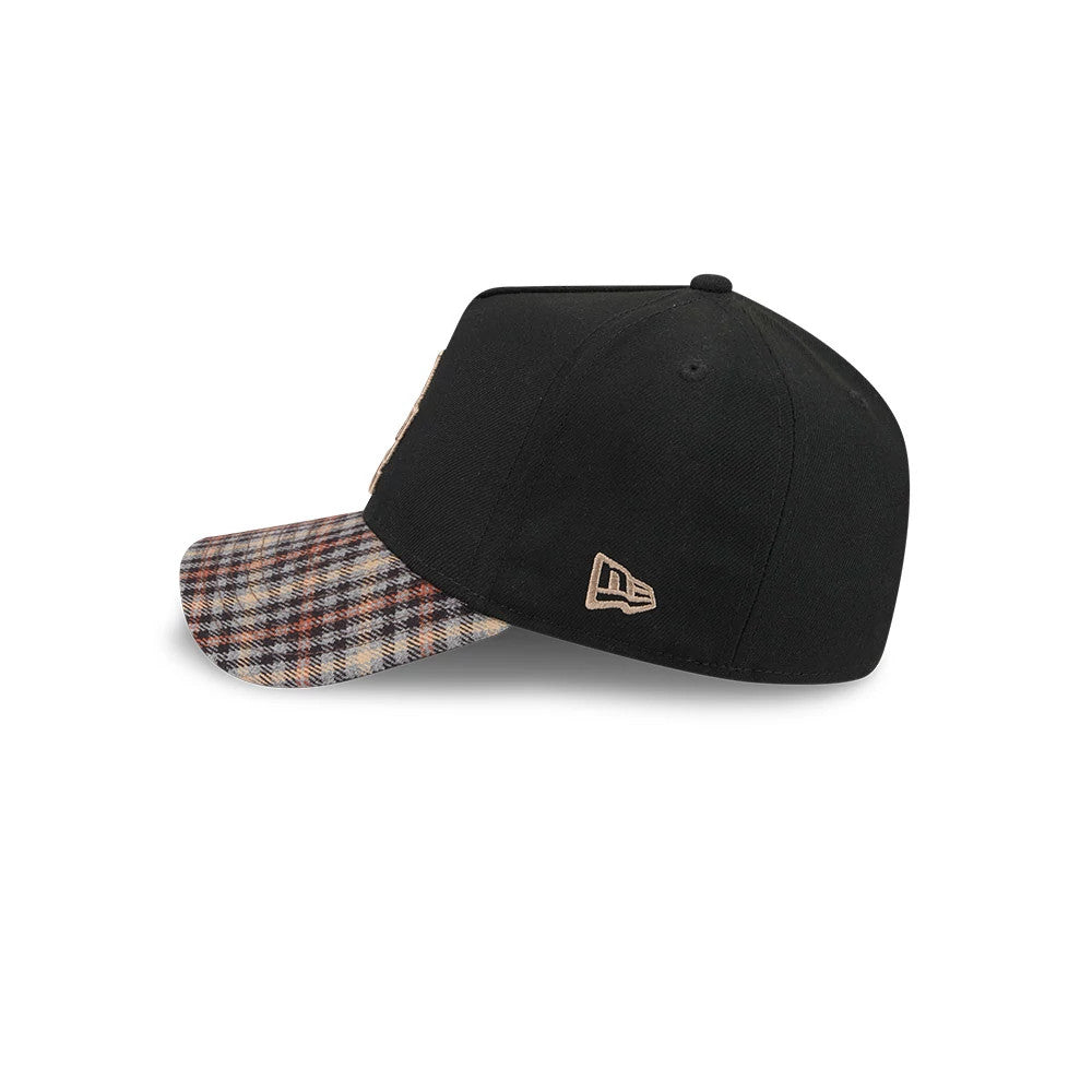LA Dodgers MLB Fabric Story Black New Era 59FORTY A-Frame Fitted Cap, side view showing the tan embroidered New Era flag logo on the left side, with a structured black crown and a plaid-patterned flat visor.