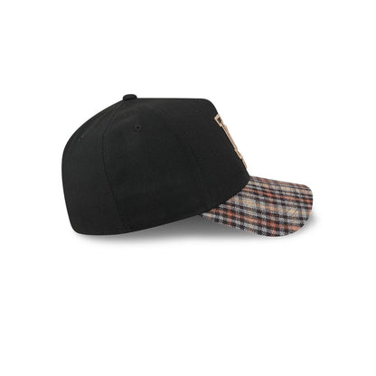 LA Dodgers MLB Fabric Story Black New Era 59FORTY A-Frame Fitted Cap, side view showing the plaid pattern on the curved visor, a raised embroidered LA logo on the front panel, and a structured black crown with eyelets.