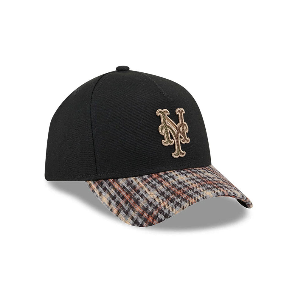 New York Mets MLB Fabric Story Black New Era 59FORTY A-Frame Fitted Cap, three-quarter view showing the raised brown embroidered NY logo on the front black panel, complemented by a patterned check visor in shades of brown and grey.