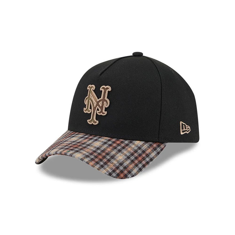 New York Mets MLB Fabric Story Black New Era 59FORTY A-Frame Fitted Cap, three-quarter view showing the front panel with a tan embroidered New York Mets logo, a plaid patterned curved visor, and an embroidered New Era flag logo on the left side.