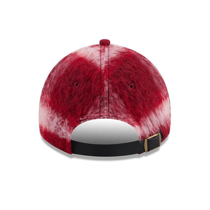 New Era Chicago White Sox MLB Fabric Story Red Casual Classic Adjustable Cap, rear view showing the mottled red and white textured fabric on the structured crown, an adjustable black strap with a buckle, and a centred top button.