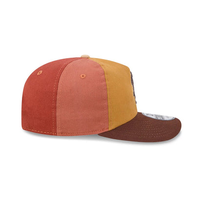 Chicago White Sox MLB Fall Story Multi New Era 19TWENTY Adjustable Cap, side view showing a three-panel design with red, orange, and yellow colours, an orange embroidered eyelet on each panel, and a brown curved visor with a 19TWENTY size sticker.