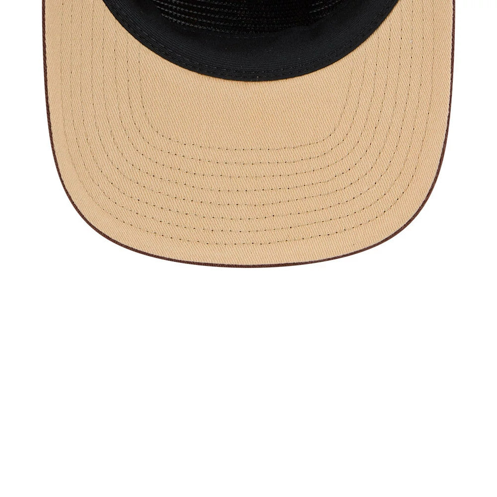 LA Dodgers MLB Fall Story Multi New Era 19TWENTY Adjustable Cap, inside view showing the contrasting black interior with stitches against a tan undervisor, featuring dense concentric stitching and a rounded edge design.