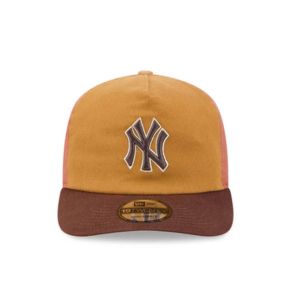 New York Yankees MLB Fall Story Multi New Era 19TWENTY Adjustable Cap, front view showing the raised brown embroidered NY logo on the mustard front panel, with a brown visor and a 19TWENTY size sticker on the visor.