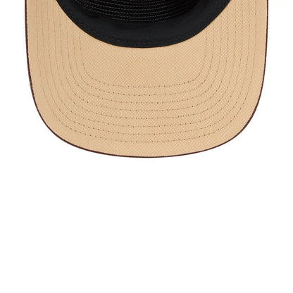 New York Yankees MLB Fall Story Multi New Era 19TWENTY Adjustable Cap, top view showing the beige curved visor with brown stitching, a black crown with textured fabric, and a seamless transition between the visor and crown.