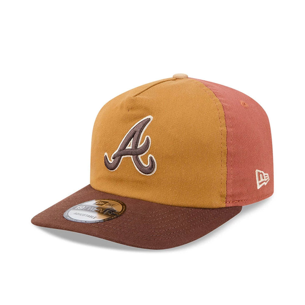 Atlanta Braves MLB Fall Story Multi New Era 19TWENTY Adjustable Cap, three-quarter view showing the brown embroidered A logo on the front panel, brown visor with a 19TWENTY size sticker, and contrasting New Era flag logo on the left side.