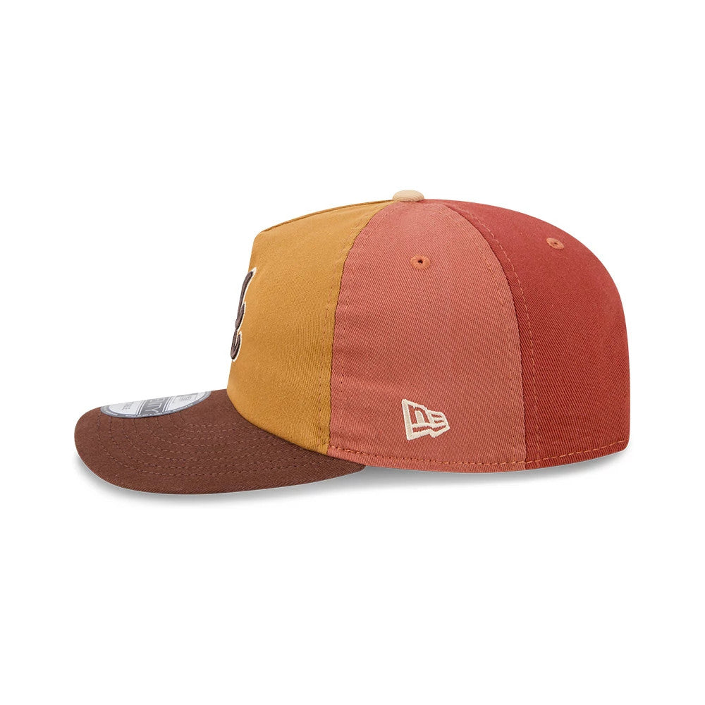 Atlanta Braves MLB Fall Story Multi New Era 19TWENTY Adjustable Cap, side view showing the cream embroidered New Era flag logo on the orange panel, brown flat visor with grey 19TWENTY size sticker, and the distinctive multicolour crown.