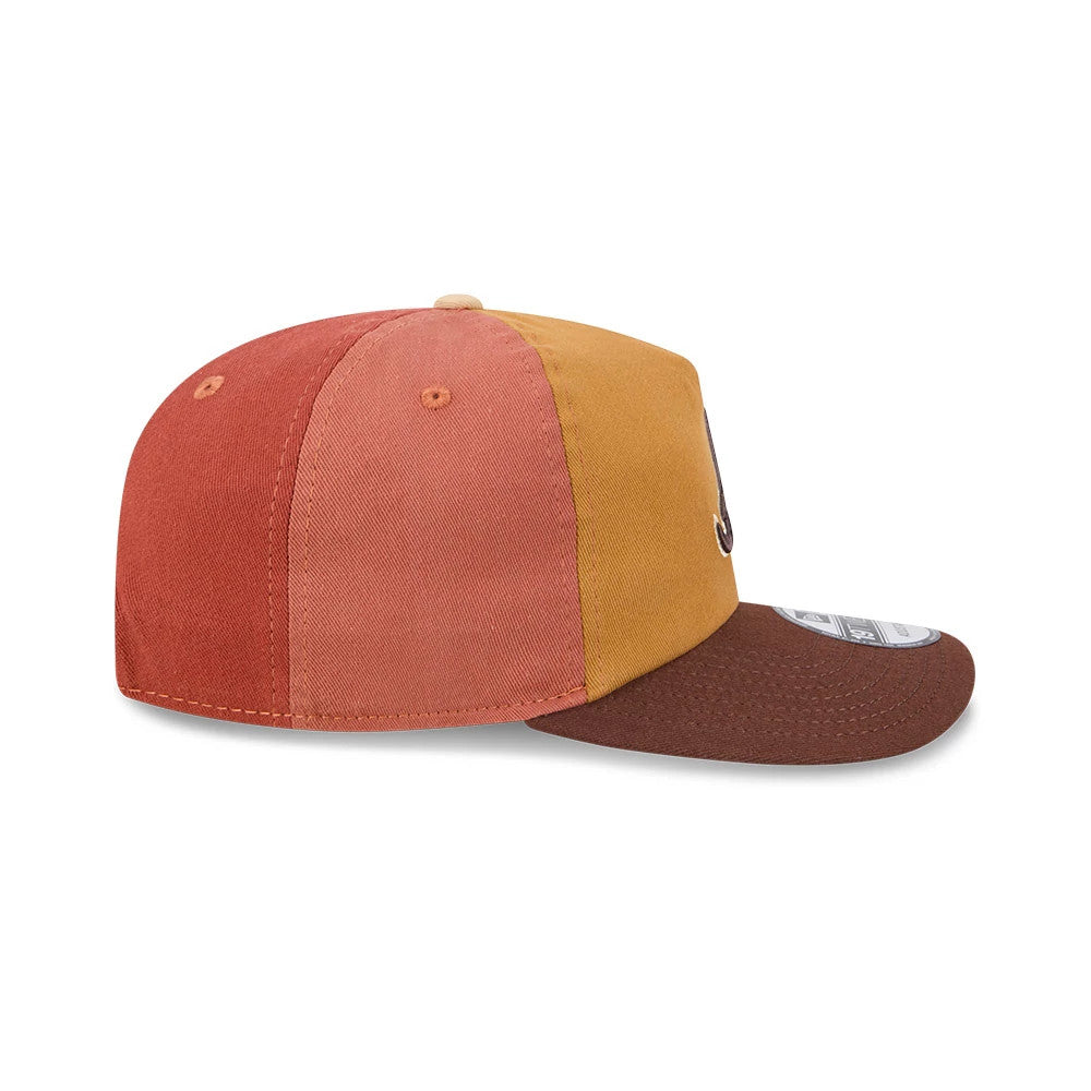 Atlanta Braves MLB Fall Story Multi New Era 19TWENTY Adjustable Cap, side view showing the warm brown visor and curved shape, with a gold and rust-toned crown featuring matching embroidered eyelets.