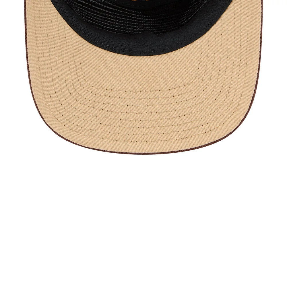 Atlanta Braves MLB Fall Story Multi New Era 19TWENTY Adjustable Cap, close-up view showing the beige visor with detailed stitching, dark edge lining, and part of the black interior crown, highlighting the contrasting textures and colours.