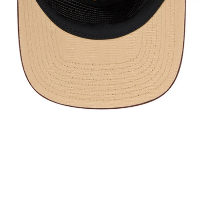 Atlanta Braves MLB Fall Story Multi New Era 19TWENTY Adjustable Cap, close-up view showing the beige visor with detailed stitching, dark edge lining, and part of the black interior crown, highlighting the contrasting textures and colours.