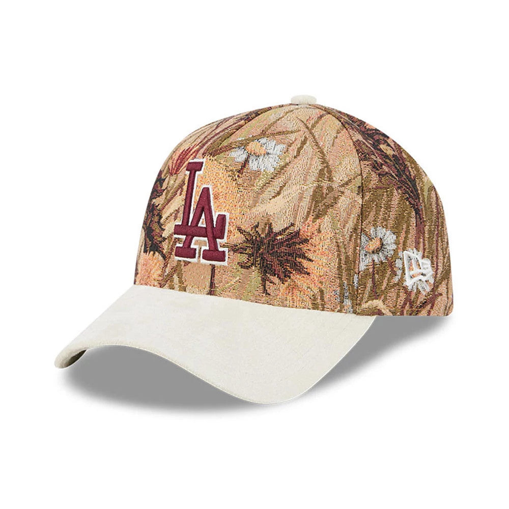 LA Dodgers MLB Fall Story Brown New Era 59FORTY A-Frame Fitted Cap, front view showing the raised LA embroidered logo in maroon and white on a brown botanical patterned crown, with a contrasting cream curved visor.