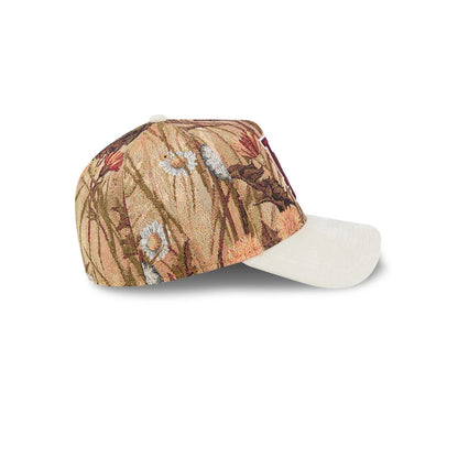 LA Dodgers MLB Fall Story Brown New Era 59FORTY A-Frame Fitted Cap, side view showing the intricate autumn-themed pattern on the crown with a structured shape, a cream-coloured flat visor, and a top button.