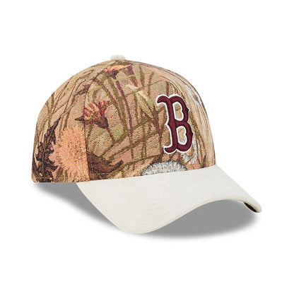 Boston Red Sox MLB Fall Story Brown New Era 59FORTY A-Frame Fitted Cap, three-quarter view showing the raised maroon B logo on the front panel with intricate autumnal camouflage print, complemented by a curved cream visor.