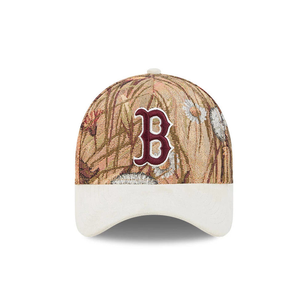 Boston Red Sox MLB Fall Story Brown New Era 59FORTY A-Frame Fitted Cap, front view showing the raised embroidered red B logo on the multicolour autumnal patterned crown, with a contrasting off-white curved visor and top button.