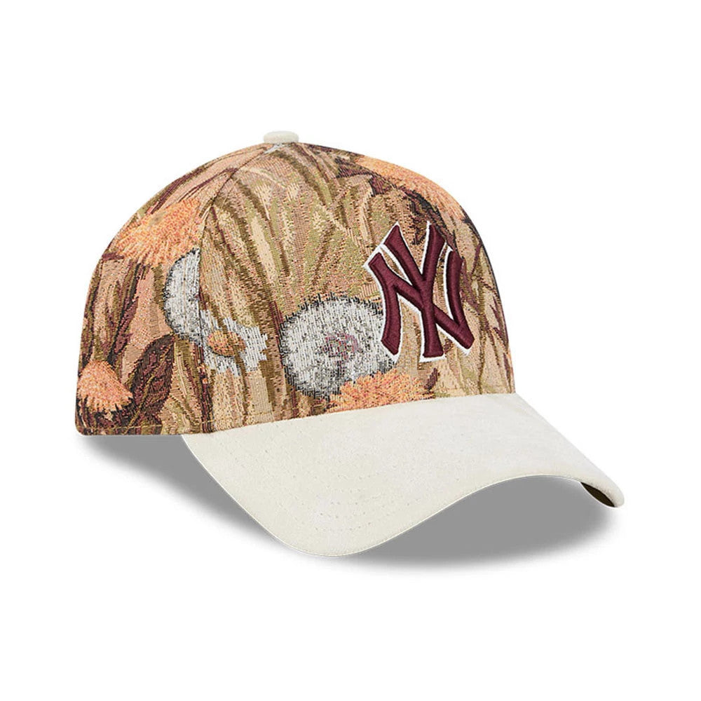 Yankees MLB Fall Story Brown New Era 59FORTY A-Frame Fitted Cap, three-quarter view showing a raised maroon NY logo in raised embroidery on the front panel, over a brown floral tapestry design with a contrasting cream curved visor.