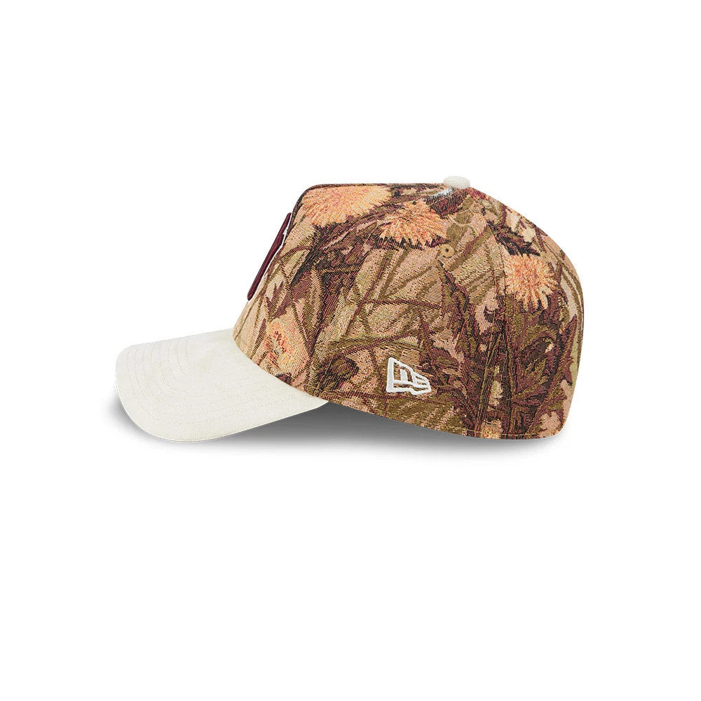 Yankees MLB Fall Story Brown New Era 59FORTY A-Frame Fitted Cap, side view showing a tapestry-like floral pattern on the crown, a contrasting cream visor, and the white embroidered New Era flag logo on the left side.