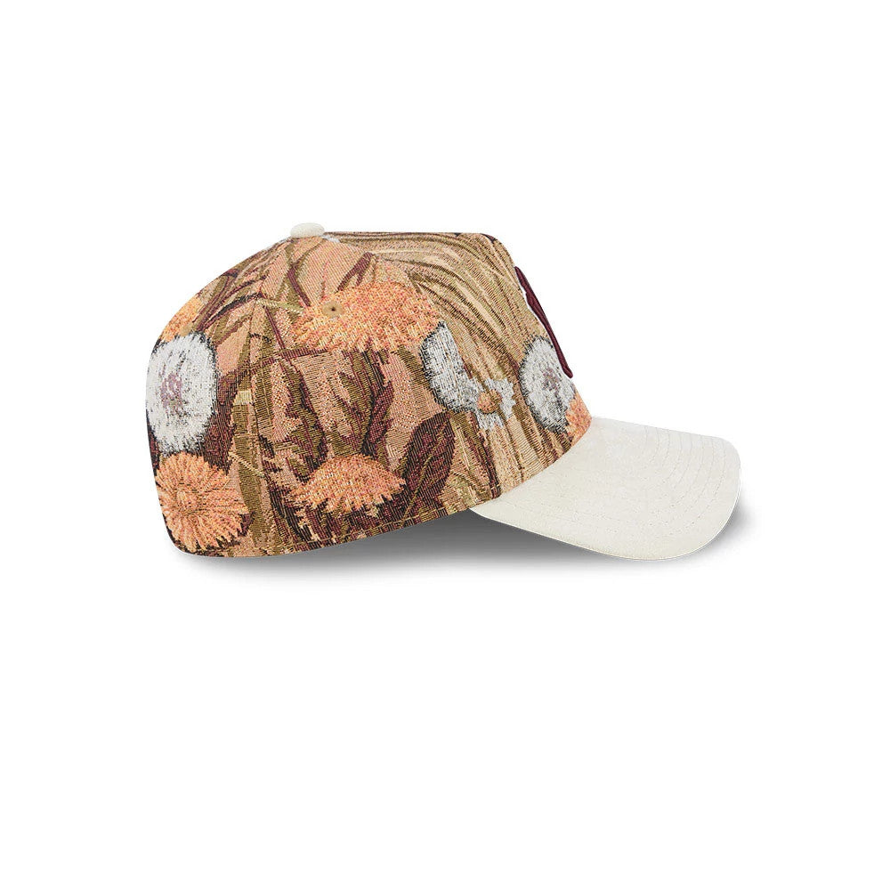 Yankees MLB Fall Story Brown New Era 59FORTY A-Frame Fitted Cap, side view showing a detailed tapestry floral pattern across the crown, with a structured beige visor and a prominent top button accentuating the design.