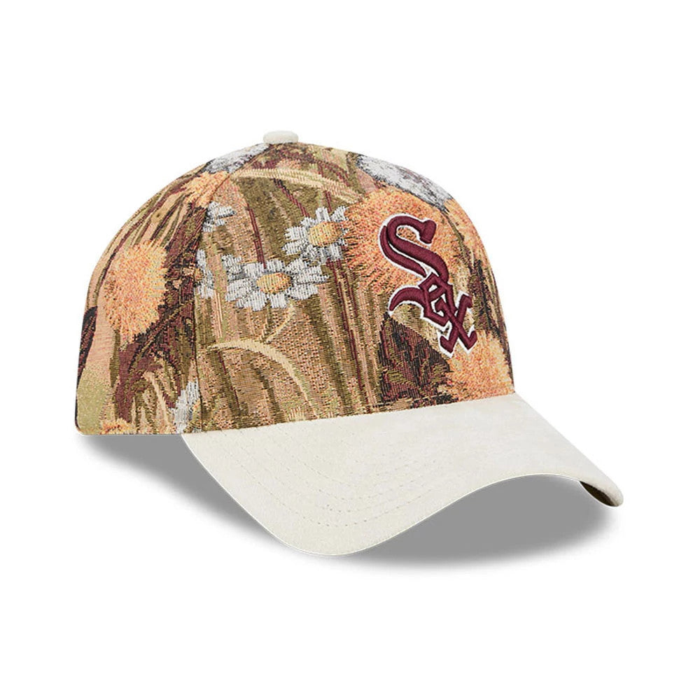 Chicago White Sox MLB Fall Story Brown New Era 59FORTY A-Frame Fitted Cap, front view showing raised burgundy Sox logo on a tapestry-style fabric with floral patterns, beige visor, and a matching top button on the structured crown.