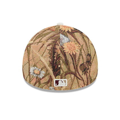 Chicago White Sox MLB Fall Story Brown New Era 59FORTY A-Frame Fitted Cap, rear view showing the embroidered MLB Batterman logo at the centre back, with an intricate floral tapestry design covering the structured brown crown and natural tone eyelets.