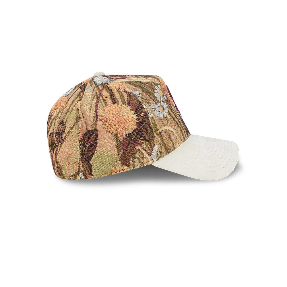 Chicago White Sox MLB Fall Story Brown New Era 59FORTY A-Frame Fitted Cap, side view showing the detailed floral tapestry design on the structured crown, with a white top button and a contrasting cream curved visor.