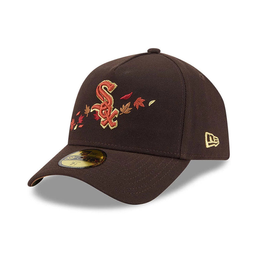 Chicago White Sox MLB Fall Story Dark Brown New Era 59FORTY A-Frame Fitted Cap, front view showing raised embroidery of the White Sox logo with autumn leaves in red and orange on the structured dark brown crown, gold New Era flag on the left side.