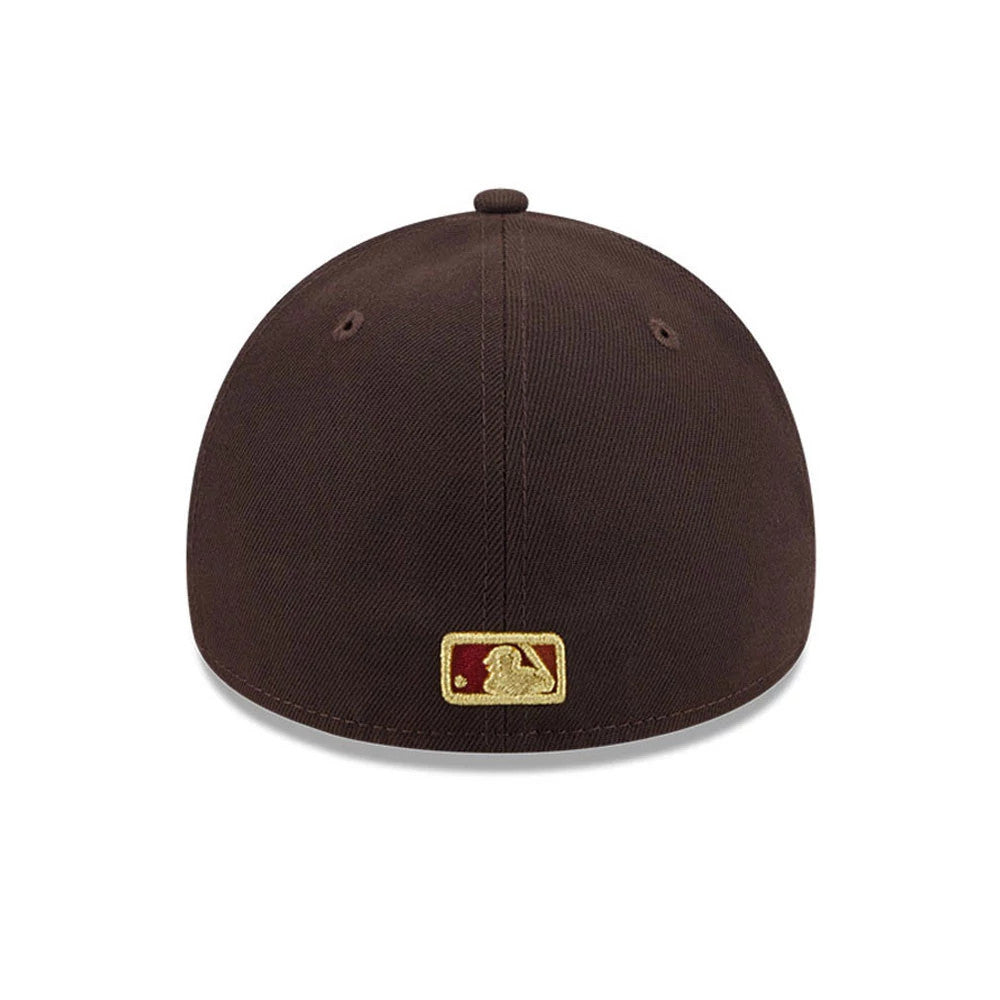 Yankees MLB Fall Story Dark Brown New Era 59FORTY A-Frame Fitted Cap, rear view showing the gold embroidered MLB Batterman logo at the centre back of the dark brown panels, with matching eyelets and a top button on the structured crown.