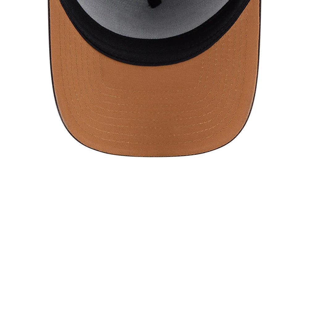 Yankees MLB Fall Story Dark Brown New Era 59FORTY A-Frame Fitted Cap, inside view showing the brown undervisor, grey interior panels, and black sweatband, highlighting the detailed stitching and structured lining of the cap.
