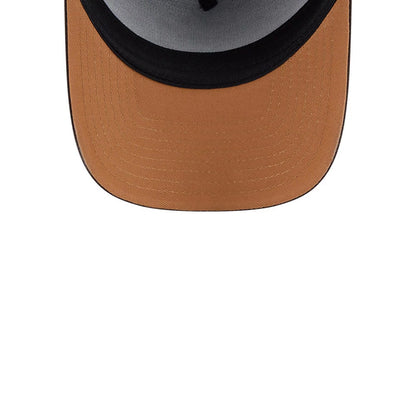 Yankees MLB Fall Story Dark Brown New Era 59FORTY A-Frame Fitted Cap, inside view showing the brown undervisor, grey interior panels, and black sweatband, highlighting the detailed stitching and structured lining of the cap.
