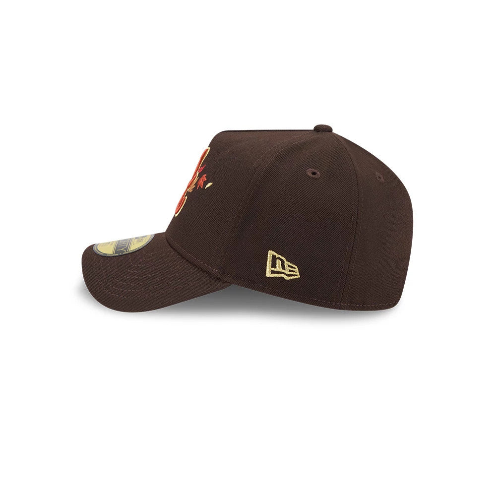 Atlanta Braves MLB Fall Story Dark Brown New Era 59FORTY A-Frame Fitted Cap, side view showing the prominent gold New Era flag logo on the left side, structured dark brown crown with top button, and curved visor with 59FORTY size sticker.