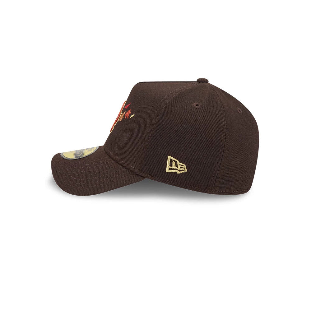 LA Dodgers MLB Fall Story Dark Brown New Era 59FORTY A-Frame Fitted Cap, side view showing the gold embroidered New Era flag logo on the left panel, a structured dark brown crown, and a 59FORTY size sticker on the flat visor.
