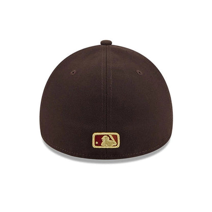 LA Dodgers MLB Fall Story Dark Brown New Era 59FORTY A-Frame Fitted Cap, rear view showing the gold and burgundy embroidered MLB Batterman logo centred on the back panels, with dark brown eyelets and a matching top button on the structured crown.