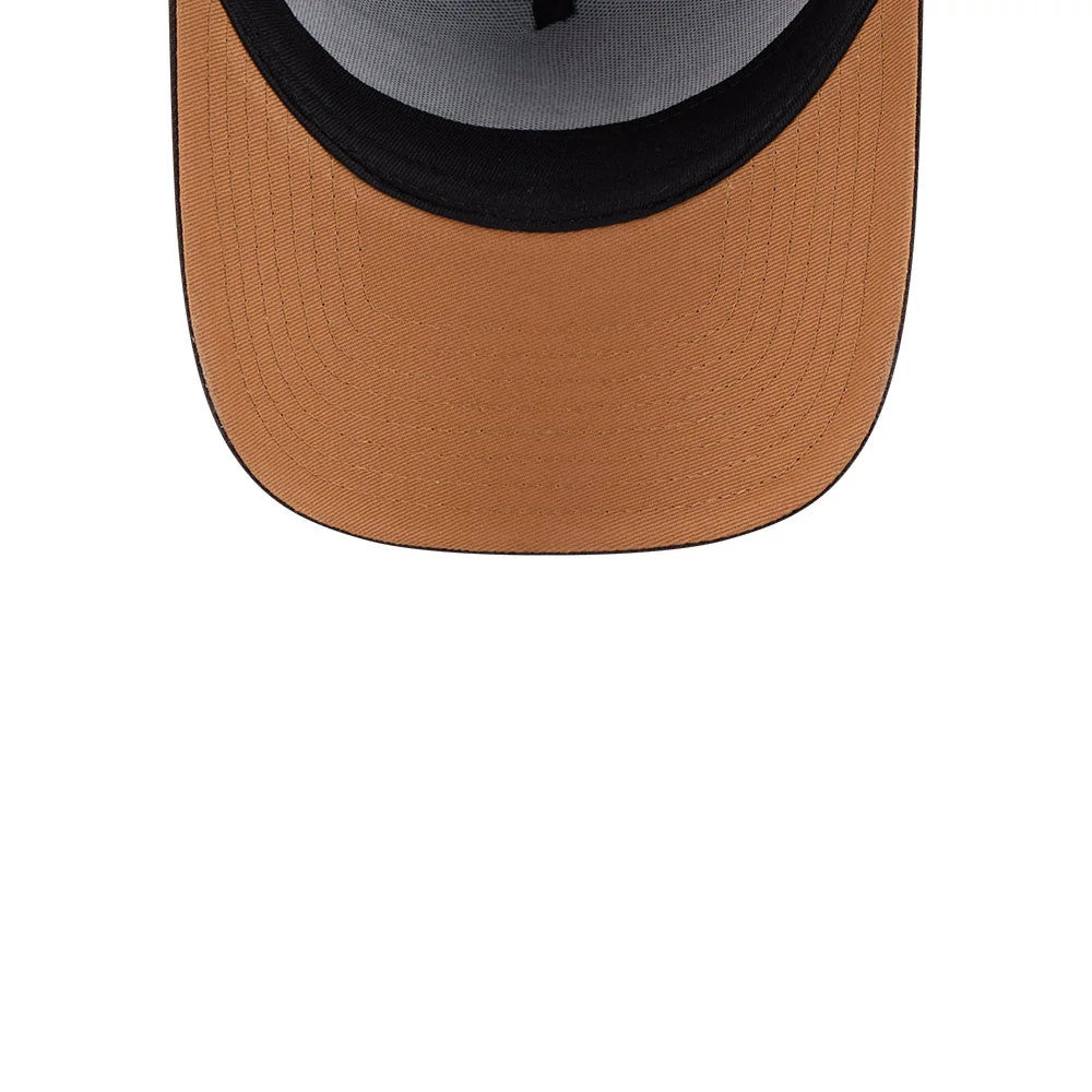 LA Dodgers MLB Fall Story Dark Brown New Era 59FORTY A-Frame Fitted Cap, inside view showing the grey sweatband and black taping, with a dark brown undervisor and no interior stickers, emphasising the clean craftsmanship and lining details.