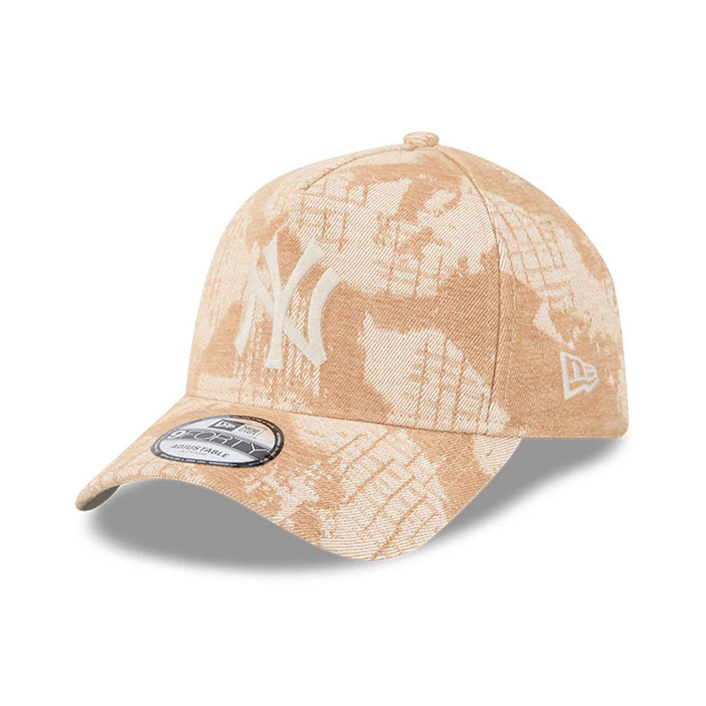 New York Yankees MLB Fall Story Dark Beige New Era 9FORTY A-Frame Adjustable Cap, three-quarter view showing the raised beige NY logo on the front panel, a New Era flag logo on the left side, and a 9FORTY size sticker on the curved visor.