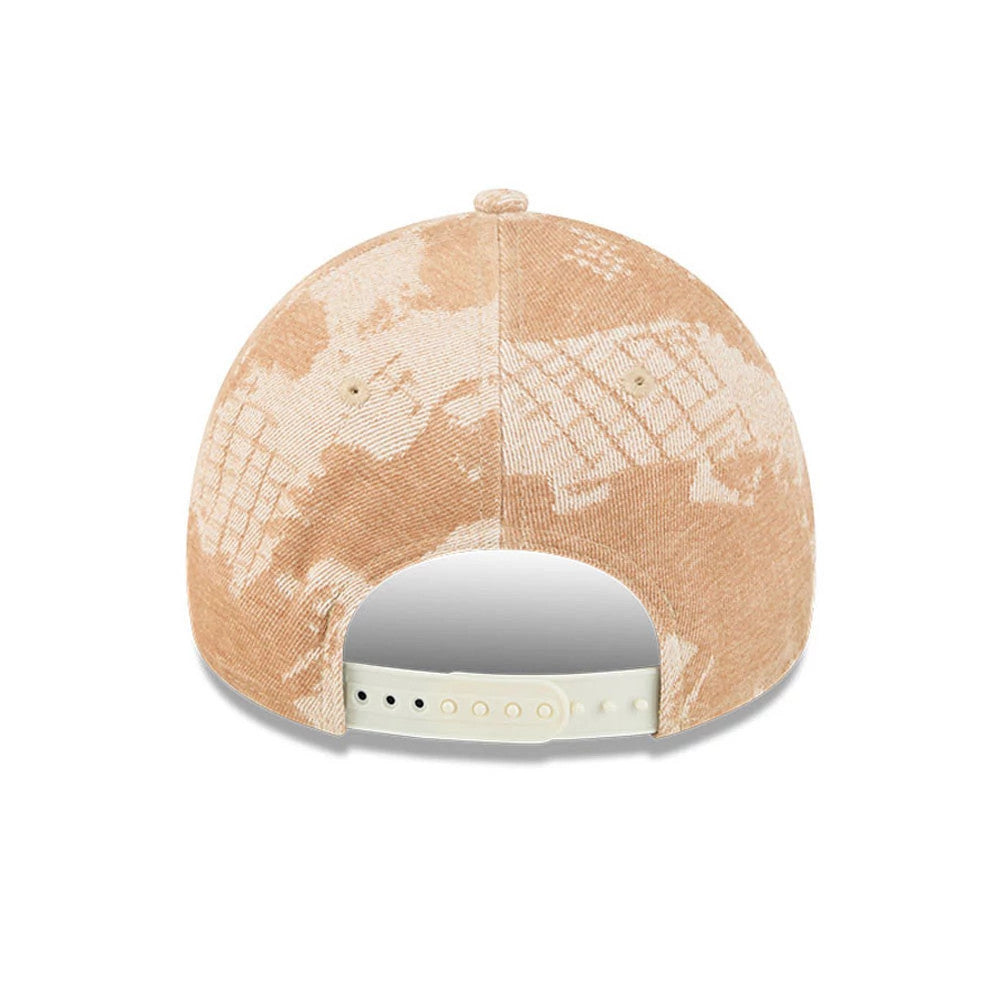 New York Yankees MLB Fall Story Dark Beige New Era 9FORTY A-Frame Adjustable Cap, rear view showing a beige and white abstract pattern on the structured crown, with eyelets and a cream adjustable snap closure.