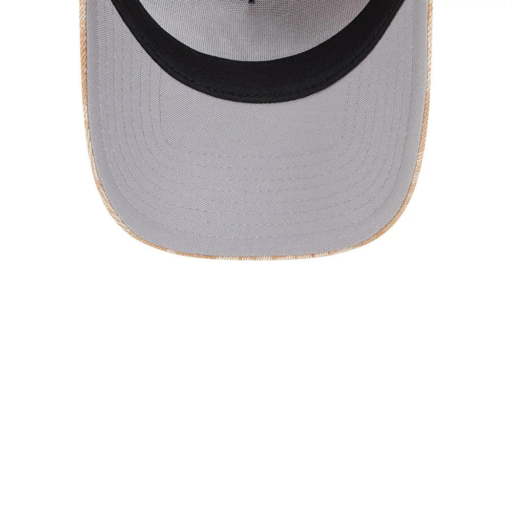 New York Yankees MLB Fall Story Dark Beige New Era 9FORTY A-Frame Adjustable Cap, inside view showing a grey undervisor, black sweatband, and beige stitching around the edge of the visor, highlighting the detailed craftsmanship.