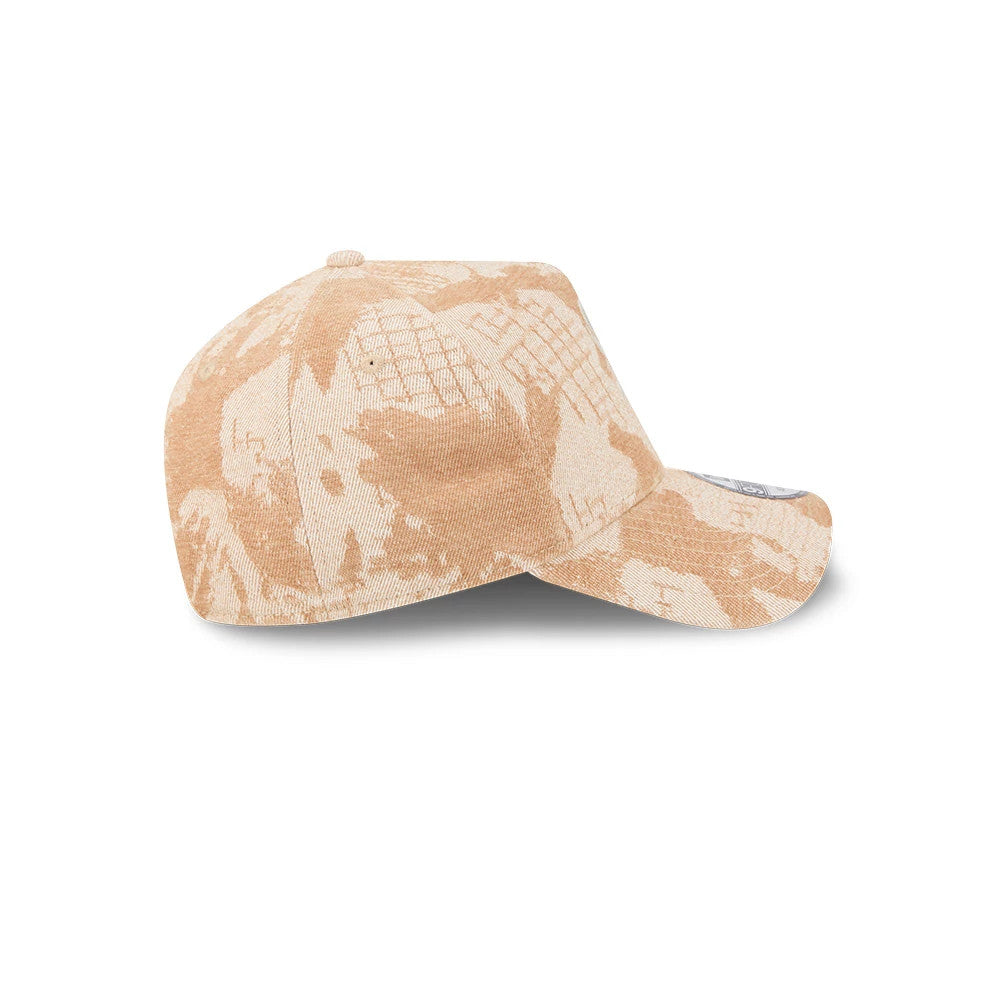 Chicago White Sox MLB Fall Story Beige New Era 9FORTY A-Frame Adjustable Cap, side view showing the textured beige pattern across the structured panels, with a curved beige visor and a 9FORTY size sticker on the visor.