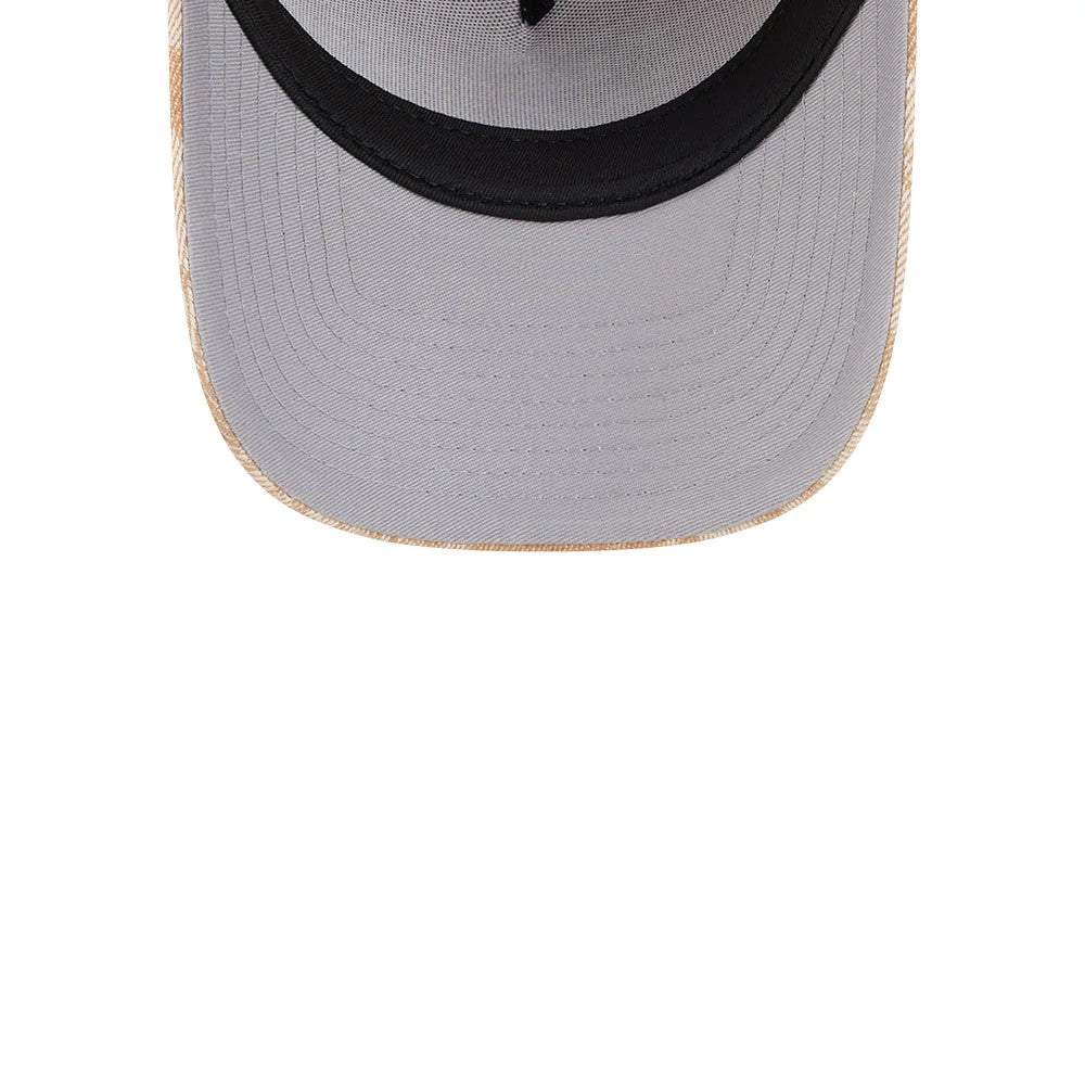 Chicago White Sox MLB Fall Story Beige New Era 9FORTY A-Frame Adjustable Cap, inside view showing a grey undervisor, a black sweatband along the inner edge, and detailed stitching patterns on the inner cap surface.