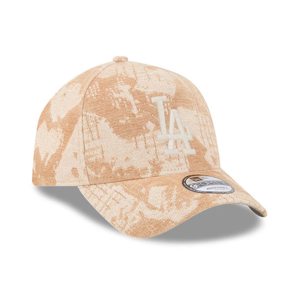 LA Dodgers MLB Fall Story Beige New Era 9FORTY A-Frame Adjustable Cap, three-quarter view showing an embroidered beige LA logo on the front panel, with a textured beige camo pattern across the structured crown.