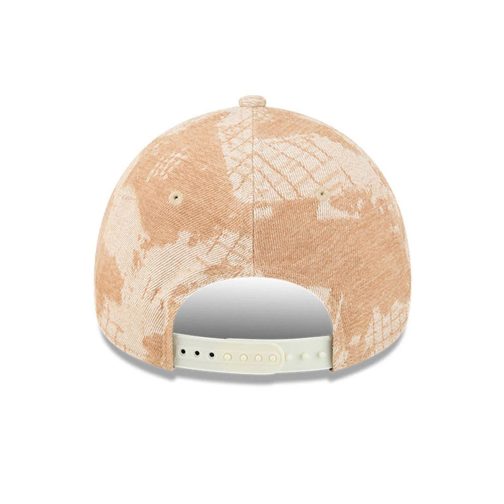 LA Dodgers MLB Fall Story Beige New Era 9FORTY A-Frame Adjustable Cap, rear view showing the beige patterned fabric with two eyelets on the back panels, a white adjustable strap closure, and no rear logos.