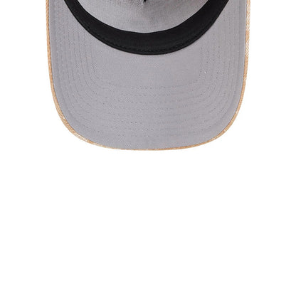 LA Dodgers MLB Fall Story Beige New Era 9FORTY A-Frame Adjustable Cap, inside view showing a grey undervisor, black sweatband encircling the interior, and beige along the visor's edge.