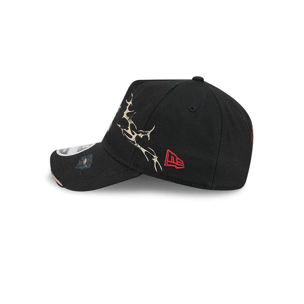 Harry Potter Deathly Hallows Black New Era 9FORTY A-Frame Unstructured Cap, side view showing the red embroidered New Era flag logo on the left side, gold Deathly Hallows graphics across the front panel.