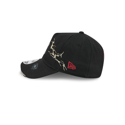 Harry Potter Deathly Hallows Black New Era 9FORTY A-Frame Unstructured Cap, side view showing the red embroidered New Era flag logo on the left side, gold Deathly Hallows graphics across the front panel.