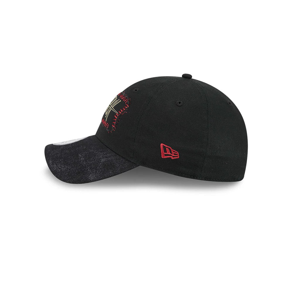 Harry Potter Horcrux Black New Era Casual Classic Adjustable Cap, side view showing a red embroidered New Era flag logo on the left side, a distressed black curved visor, and a front panel with intricate Horcrux-themed embroidery.