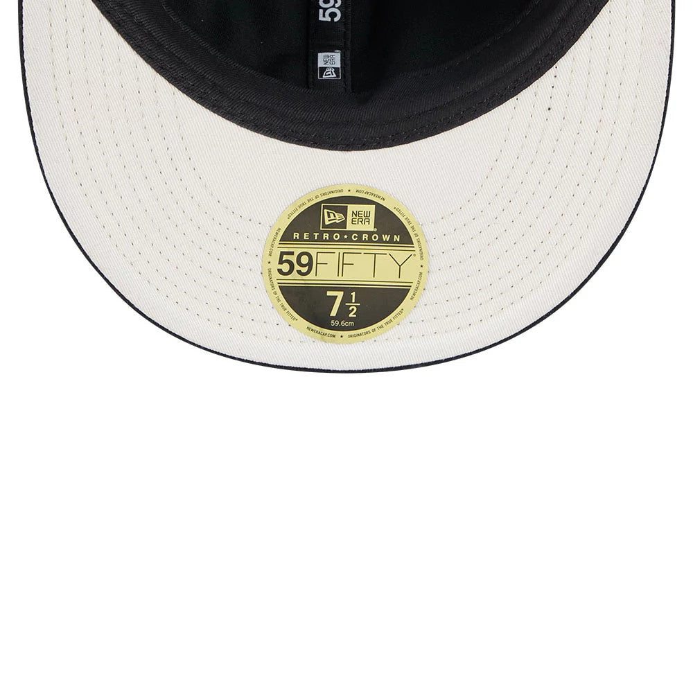 Las Vegas Raiders NFL Historic Arch Black Retro Crown New Era 59FIFTY Fitted Cap, inside view showing a white undervisor with a black edge, black sweatband, taping with 59FIFTY text, and a gold 59FIFTY size sticker in the centre.
